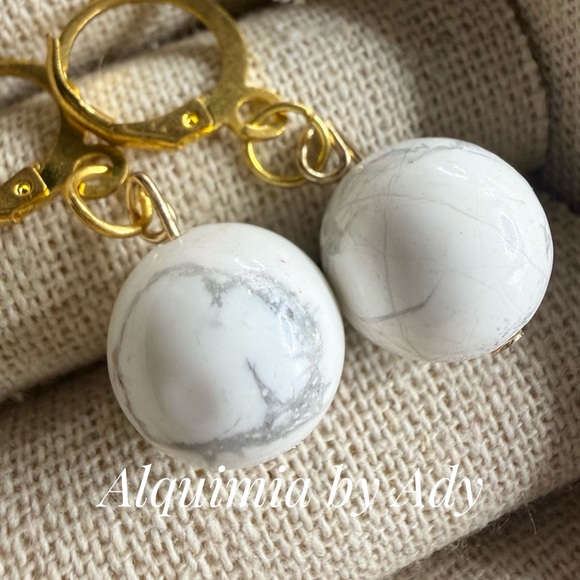 Howlite Sphere Dangle Earrings — 12mm  gold Finish - Picture 2 of 6